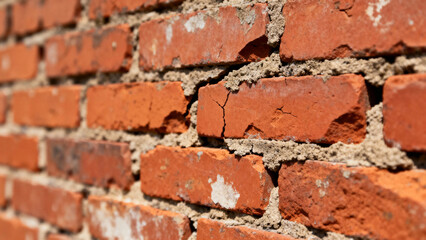 Obraz premium Close-up view of weathered red brick wall with visible mortar and cracks