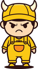 Angry cute cartoon boy wearing yellow overalls and horned hat, standing with grumpy face, vector illustration on white background, isolated.