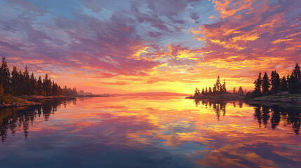 A breathtaking lake reflecting the vibrant colors of a sunset sky, with trees lining the water's edge. The scene exudes tranquility and natural beauty.