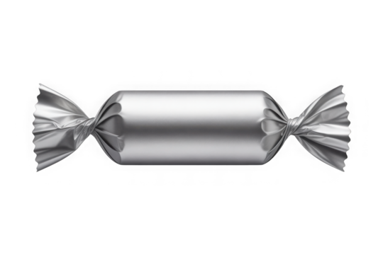 Blank silver foil candy bar or chocolate wrapper mockup isolated on transparent background, PNG.