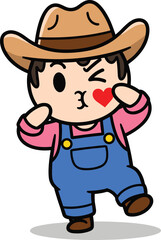 Cute cartoon cowboy boy blowing a kiss with red heart, wearing blue overalls and hat, vector illustration on white background.