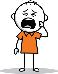 Funny stick figure man yawning, feeling exhausted and sleepy, wearing orange shirt, hand drawn vector illustration isolated on white background.