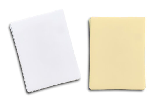 a stack of blank white and cream paper isolated on a white background with copy space. office or education template.