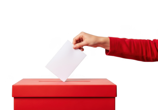 A hand wearing a red sleeve carefully places a white ballot into a bright red voting box isolated on transparent background
