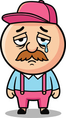 Sad cartoon man with mustache and pink hat crying with a tear on his face, vector illustration on white background.