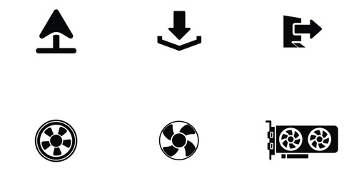 A set of icons representing upload, download, exit, a fan, and a graphic card, commonly used in computer interfaces and applications for various functions. 