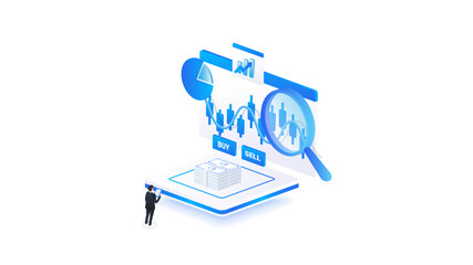 Isometric stock market data analysis with businessman, digital charts, magnifying glass, and buy sell market dashboard