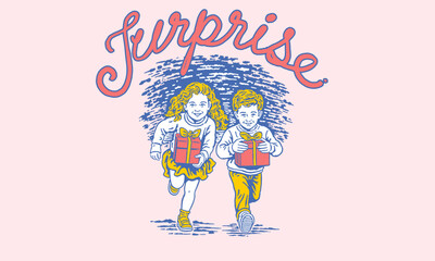 Surprise Celebration Graphic with Kids Running and Holding Presents, Vintage Style Vector for Birthday Party