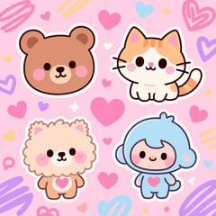 Fototapeta premium Adorable cartoon animal friends with hearts, perfect for kids' designs and invitations