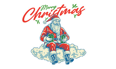 Merry Christmas greeting from Santa Claus. Vintage illustration of Santa sitting on a cloud with gifts for holiday card, print. Magical retro Christmas vector character.