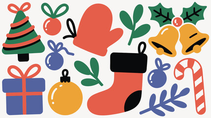 Colorful Hand Drawn Christmas Icons Tree Ornaments Bells Stocking and Candy Cane