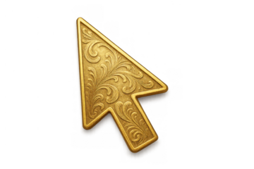 Golden ornate digital cursor with engraved floral pattern, representing luxury, technology, and success on transparent background