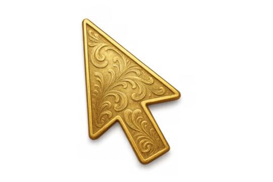 Golden ornate digital cursor with engraved floral pattern, representing luxury, technology, and success on transparent background