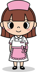 Cute cartoon nurse character standing in pink uniform, vector illustration of female caregiver or waitress, happy mascot with friendly smile.