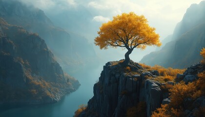 Lone tree with golden leaves stands on a rocky cliff overlooking a misty river valley. Mountains shrouded in fog create a serene and majestic natural landscape during autumn.