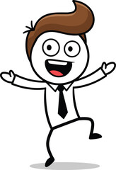 Happy cartoon businessman stick figure jumping for joy, celebrating success with open arms, vector doodle illustration of winning employee concept.
