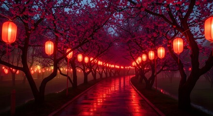 Enchanting red lanterns illuminate a rainy night path