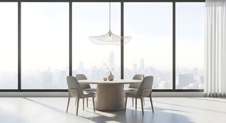 Modern dining room with large windows and city view