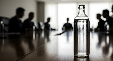 Alcohol bottle on table with blurred people in background