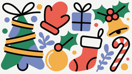 Festive Christmas Icons A Colorful and Playful Holiday Illustration with Bold Outlines