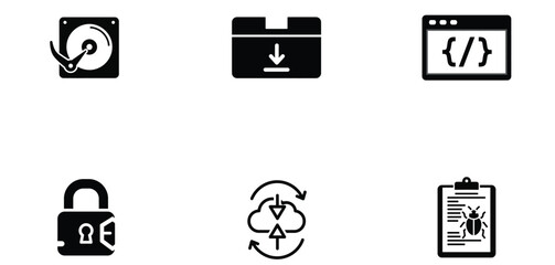 Set of six different icons representing software and hardware isolated on transparent background