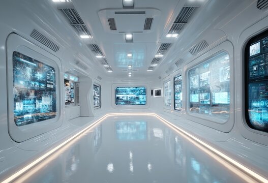 Futuristic spaceship interior corridor with glowing displays and technology