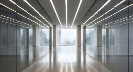 Modern office hallway with natural light and reflections