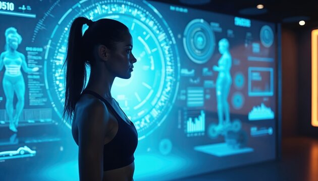 Woman in gym training with AI fitness coach system. Digital tech screen interface shows exercise data analytics. Virtual trainer provides smart guidance. Body training session with new sport tech.