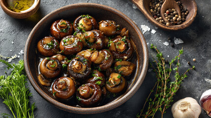 A gourmet dish featuring a collection of roasted mushrooms, presented in an appealing manner
