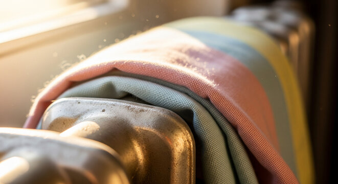 A macro, shallow depth-of-field shot of a colorful, multi-layered blanket or towel resting on the curved top of a cast-iron radiator, highlighted by bright sunlight