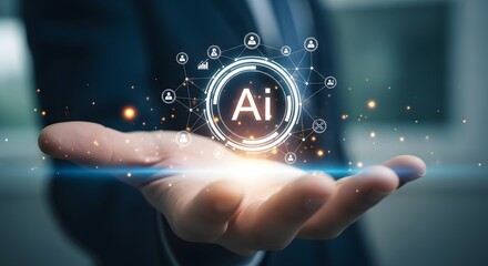 Businessman holding glowing artificial intelligence technology in his hand