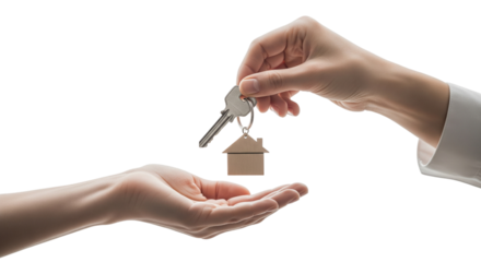 Handing over house key with keychain isolated on white isolated on transparent background