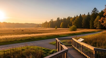 Golden Sunrise Over a Serene Meadow with a Wooden Boardwalk.