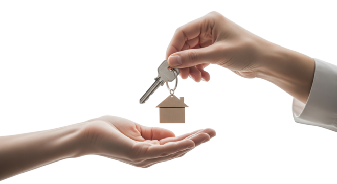 Handing over house key with keychain isolated on white isolated on transparent background