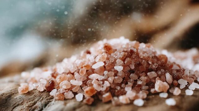 176Macro perspective of sparkling pink salt crystals arranged loosely, subtle reflections and textures captured, neutral background enhancing focus on minerals