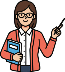 A friendly female character, dressed in glasses and a cardigan, holds a book under her arm while gesturing with a pointer. 