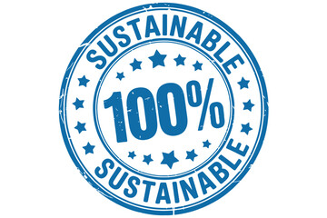 A blue circular stamp reads "100% SUSTAINABLE" with stars around the border.