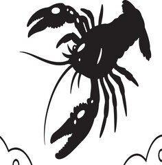 Bold black lobster silhouette featuring prominent claws and antennae with subtle wave patterns below