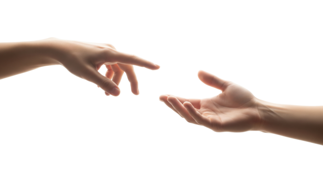 Two hands reaching towards each other isolated on transparent background
