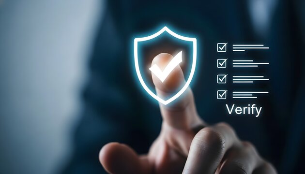 Fingerprint scan on glowing shield for digital security and verification
