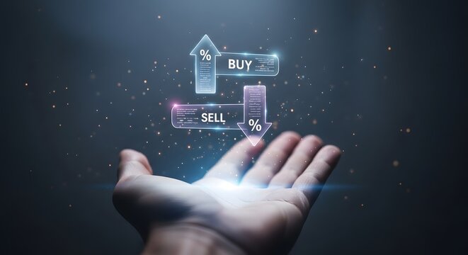 Hand reaching towards glowing buy and sell stock market trading icons - Powered by Adobe
