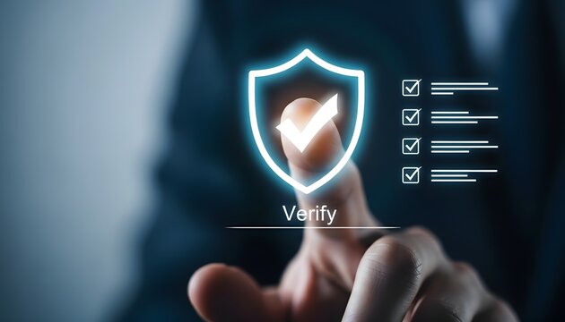 Finger touching glowing shield icon for digital security verification and authentication