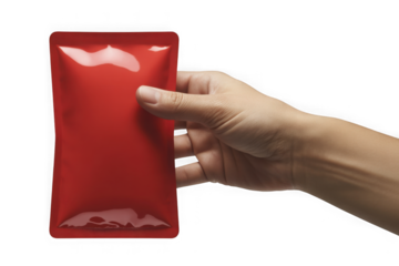 Hand holding a blank red foil sachet. Food or cosmetic packaging mockup template. Isolated on transparent background