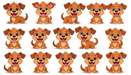 A grid showcases adorable cartoon puppies in various poses with expressive faces