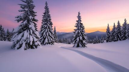 Snowy evergreens stand tall against a pastel dawn. A path cuts through the snow, leading the eye toward distant mountains. Serene winter landscape. 173/180