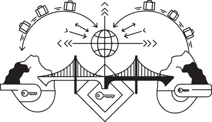 Global Travel Concept with Bridges, Mountains, and Luggage Keywords: travel, global, network