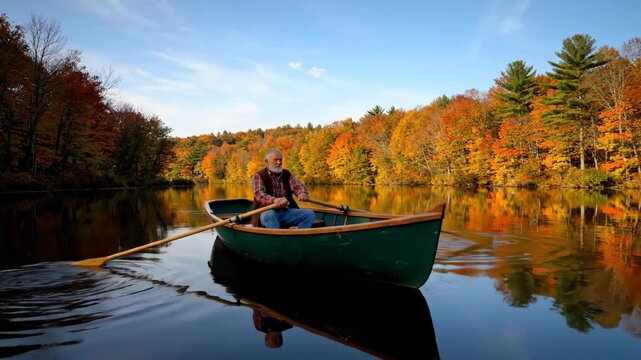 Autumn Row on Calm Lake - A serene video features an older man with a white beard rowing a green rowboat on a calm lake.