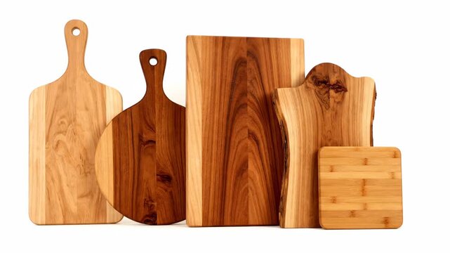 Assorted Wooden Cutting Boards on White - This stock video features a collection of five different wooden cutting boards against a plain white background.