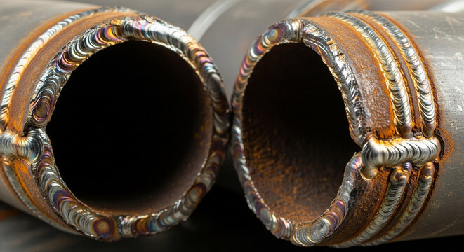 Perfect Industrial Weld: Close-up on Pipe Joint Construction
An extreme close-up, high-detail photograph showcasing the precision welding on two joined metal pipe sections