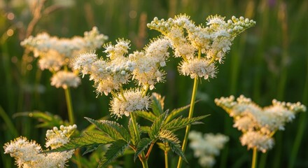 A white flower with green leaves in a field with blurred green grass in the background.